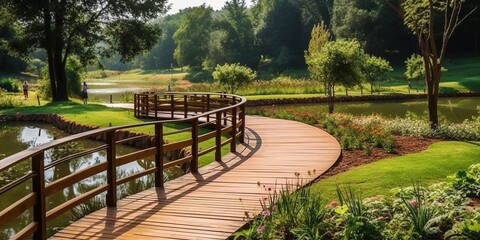 Wooden walking path with railings along the pond in well groomed park, green lawn on the slope