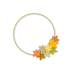 Beautiful maple leaf and rope circle. Design for invitation of autumn or fall, season and summer. Isolated on white background. shadow overlay. illustration paper cut design style.