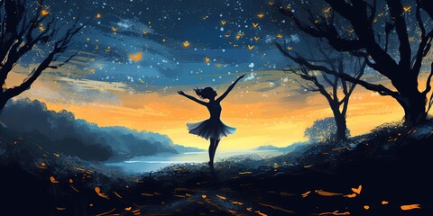 A ballerina dancing with fireflies on the hill against the night sky, digital art style, illustration painting
