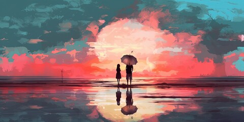 A boy looking at the mysterious woman with umbrella standing in the sea against sunset sky, digital art style, illustration painting - obrazy, fototapety, plakaty