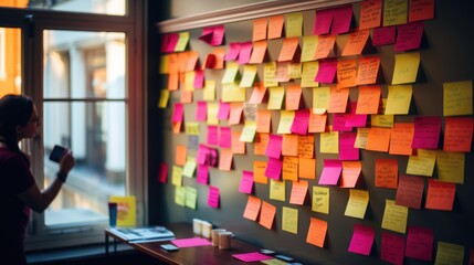 colorful sticky note on brainstorming board at modern office.