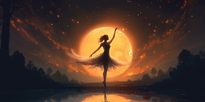 A ballerina dancing with fireflies against the crescent moon, digital art style, illustration painting