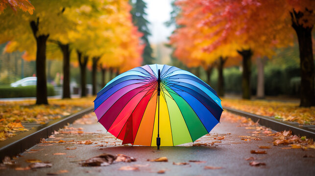 Bright colored rainbow umbrella in the rain autumn weather.