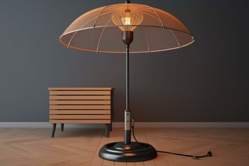 3D rendered electric oil heater positioned beneath an umbrella. Generative AI