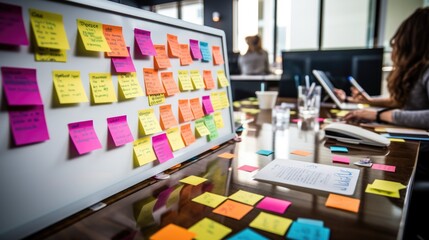 colorful sticky note on brainstorming board at modern office.