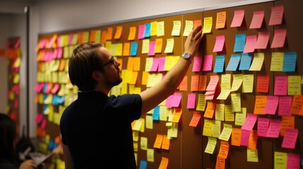 Fototapeta na wymiar businessman is looking and analyzing sticky note on brainstorming board of his business office.