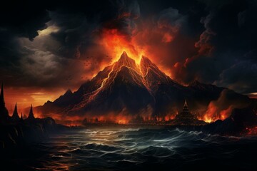A volcano with flowing lava amidst a dark sky, clouds, and water. A detailed matte painting of fantasy art. Generative AI