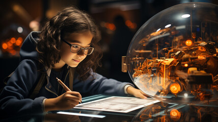 Children, student focusing in Science and Technology class with conceptual 3D model a combination of art technology and interactive simulations. Futuristic and innovative education background concept