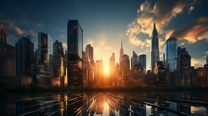 Big modern city metropolis with high houses made of concrete and glass skyscrapers.