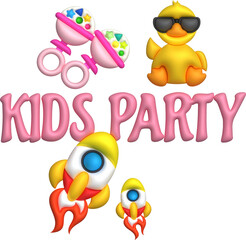 3D illustration letters kids party rocket duck with dark glasses and children's toys.Kids toys minimal style.