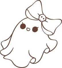 Cute ghost girl outline with bow cartoon doodle 
