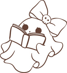 Cute ghost girl outline with book cartoon doodle 
