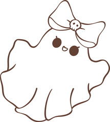 Cute ghost girl outline with bow cartoon doodle 