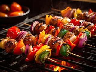 Skewers with Vegetables on a grill, close-up shot