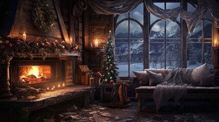 Fototapeta na wymiar Cold wind howling, snowflakes dancing, cozy fireplace crackling.