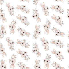 Fototapeta premium Seamless watercolor pattern with cute bunny character. Funny rabbit on white background
