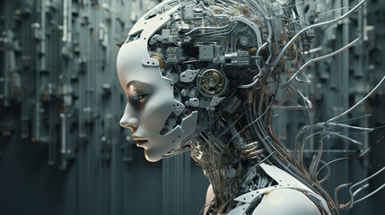 Fototapeta premium Young female humanoid head is connected to a super computer, symbolizing artificial intelligence. Futuristic illustration of the relationship between humans and neural networks. Copy space