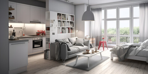 Cozy grey apartment interior design with coastal furniture