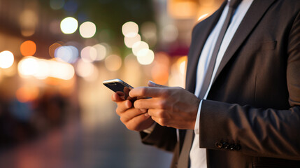 Blurred background featuring a close-up of a businessman using his smart mobile phone outdoors. He is networking and typing an SMS message on a city street, with a sense of motion blur present. GenAI