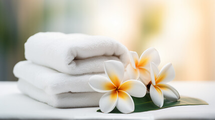 Spa towels and frangipani flowers on a white background