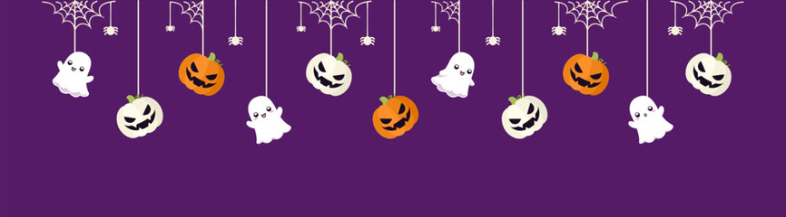 Happy Halloween border banner with ghost and jack o lantern pumpkins hanging from spider webs. Dangling Spooky Ornaments Decoration Vector illustration, trick or treat party invitation