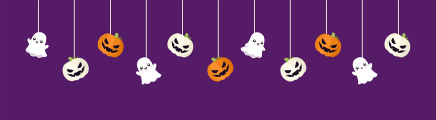 Happy Halloween border banner with ghost and jack o lantern pumpkins hanging from spider webs. Dangling Spooky Ornaments Decoration Vector illustration, trick or treat party invitation