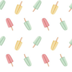 Seamless pattern with ice cream. Mint, yellow and pink colors