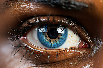 Close-up photo of an African American woman's eye after cosmetic keratopigmentation with a femtosecond laser. Brown eyes changed to blue