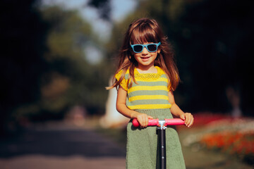 Trendy Girl Riding a Scooter Wearing Handmade Knitted Clothing. Cheerful toddler child having fun...