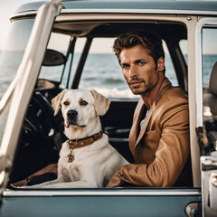 A man and his dog, travel companions in a Combi vehicle, pose in front of their beach adventure