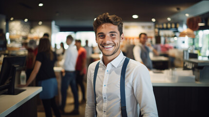 Salesman: smiling, young and attractive, cashier serving customers.

Generative AI