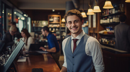 Salesman: smiling, young and attractive, cashier serving customers.

Generative AI - obrazy, fototapety, plakaty
