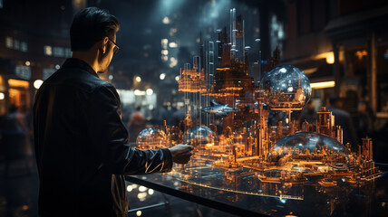 Architects working with virtual building, conceptual 3D model project design. Futuristic architecture and engineering with digital technology. Lifestyle and technology background concept