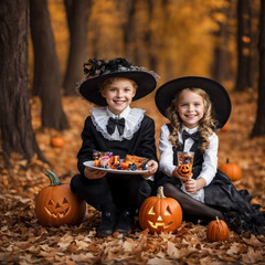 Fototapeta premium White children, wearing witch hats and Halloween costumes, surrounded by Jack-o'-lanterns, share festive joy in the forest and at home doorsteps