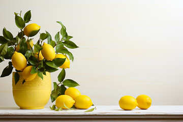 A tree with lemons in a pot is on the table. White background. Generative AI