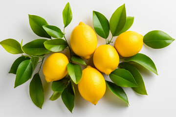Lemons with green leaves on a white background. View from above.