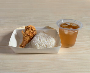 Fried chicken and rice in paper tray white for photo product, menu and mock up 
