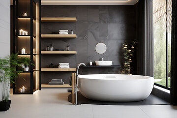 The interior of the dark gray bathroom is made in a minimalist style. Large window illuminates the bathroom