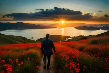 Fototapeta premium man walking in the field