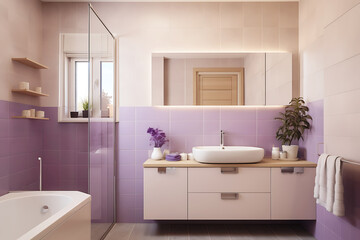 Fototapeta na wymiar Minimalist bathroom design. The bathroom is lined with purple tiles. The room has a wooden cabinet, a mirror and a bathtub.