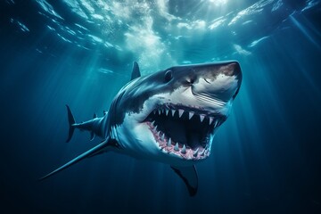 Obraz premium Great agressive shark in the ocean or sea water