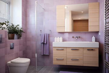 Fototapeta na wymiar Bathroom design. The bathroom is lined with purple tiles. The room has a wooden cabinet, a mirror and a toilet.