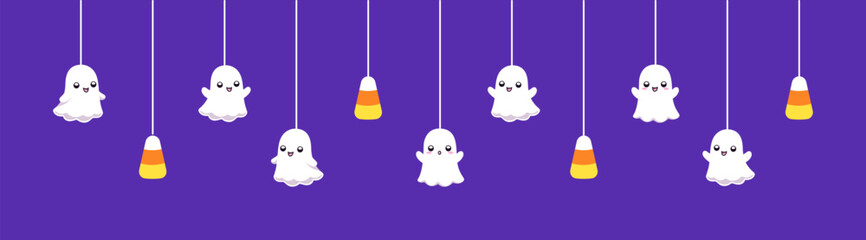 Happy Halloween border banner with ghost and candy corn hanging from spider webs. Spooky Ornaments Decoration Vector illustration, trick or treat party invitation