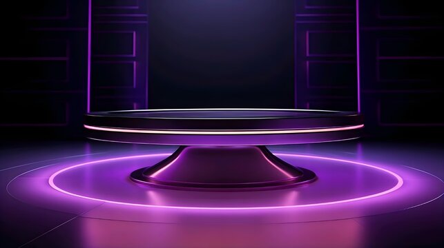 Circle podium pedestal on purple theme. Products display. Stage showroom. 8k resolution