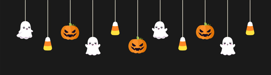 Happy Halloween border banner with ghost, candy corn and jack o lantern pumpkins. Hanging Spooky Ornaments Decoration Vector illustration, trick or treat party invitation