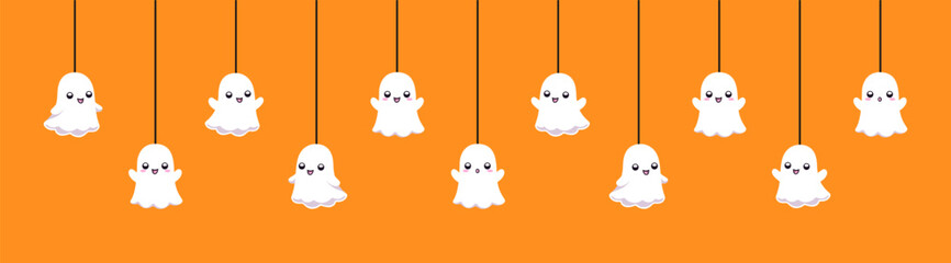 Happy Halloween banner border with ghost hanging from spider webs. Spooky Ornaments Decoration Vector illustration, trick or treat party invitation