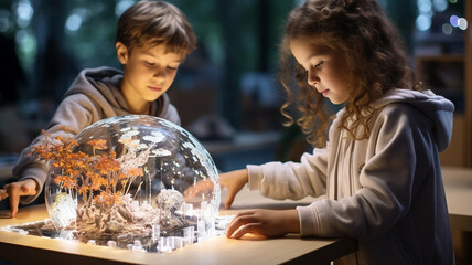 Children, student focusing in geography class with conceptual 3D model a combination of art technology and interactive simulations. Futuristic and innovative education background concept
