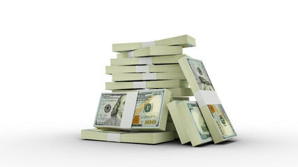 3d rendering of Stacks of 100 US dollar notes. bundles of United states currency notes isolated on transparent background