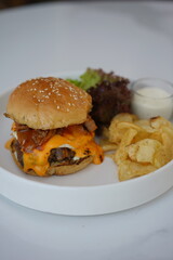 Beef Burger with Eggs Cheese Potato Crispy and Vegetable