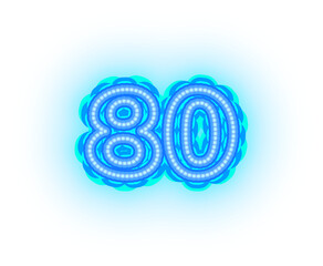 Blue neon alphabet letters, numbers, and signs on a transparent background